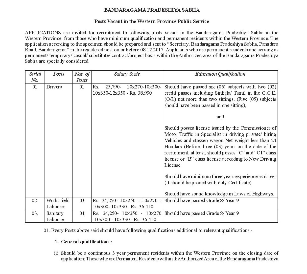 Driver, Work Field Labourer, Sanitary Labourer - Bandaragama Pradeshiya Sabha